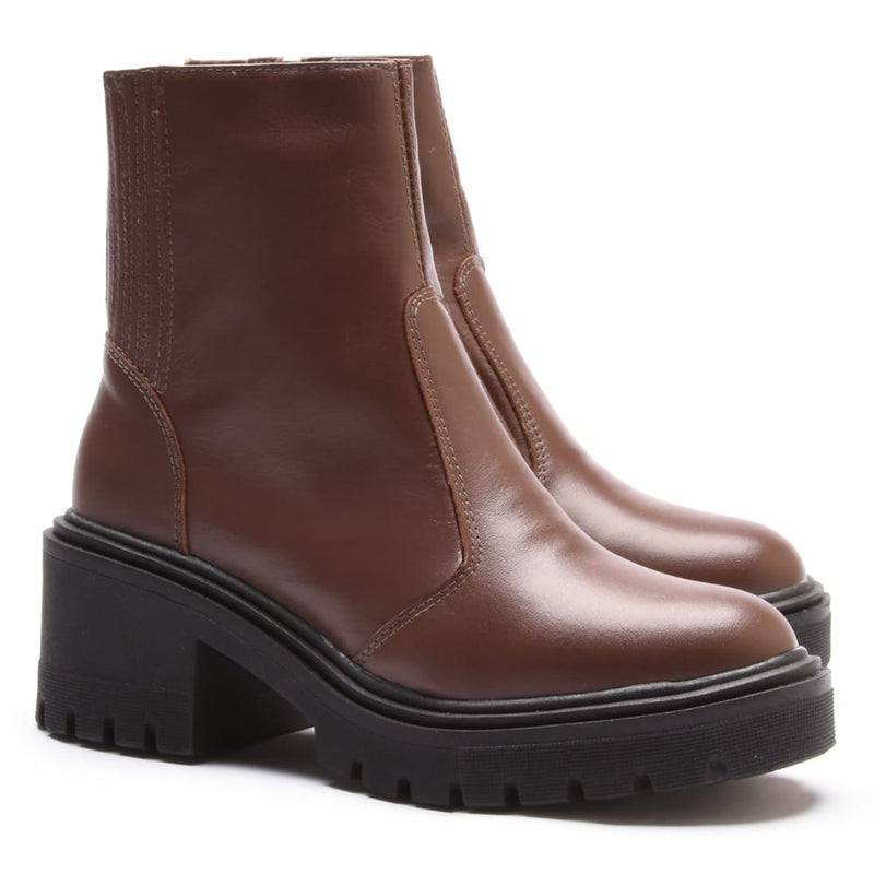 BOTA FEMININA COTURNO EM COURO TRATORADA COM ZIPER 40F124-CAFE-34