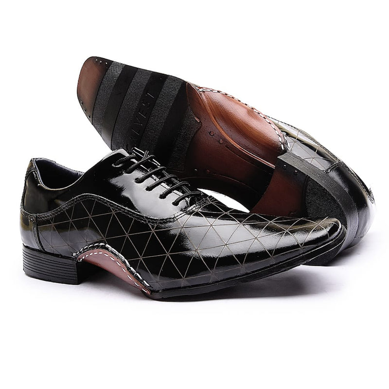 Sapato Social Calvest Em Couro Verniz Preto Texturizado De Amarrar 1930C593 - 37