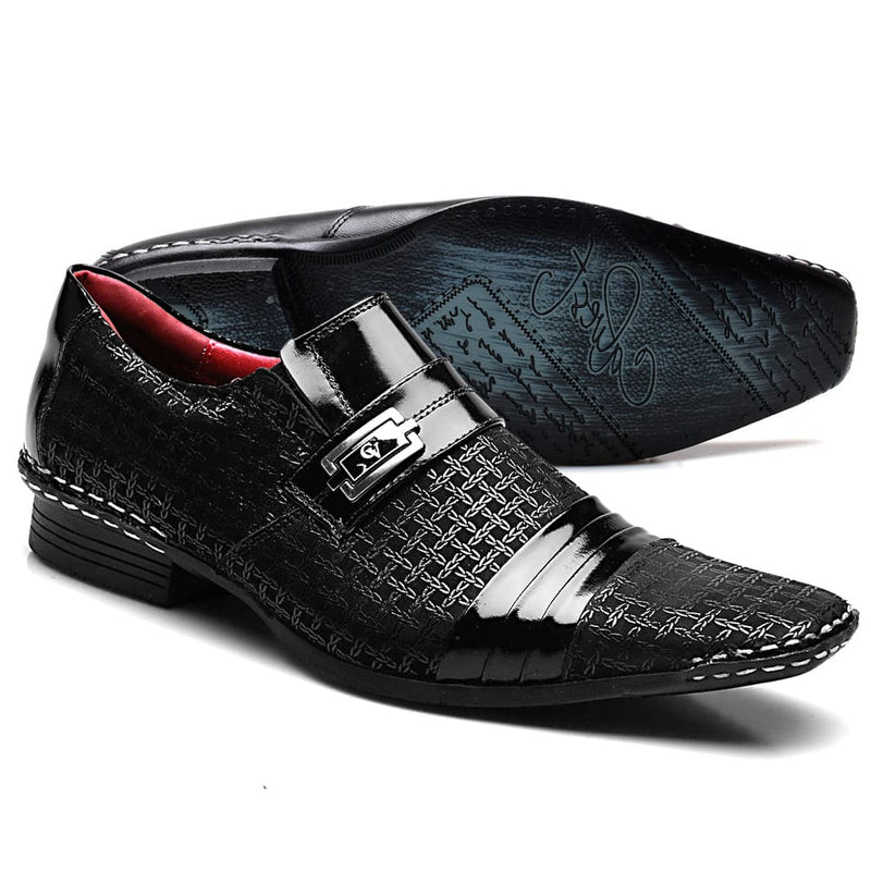Sapato Social Masculino Em Couro Com Costura Manual Calvest Viena 1750B475B - Preto