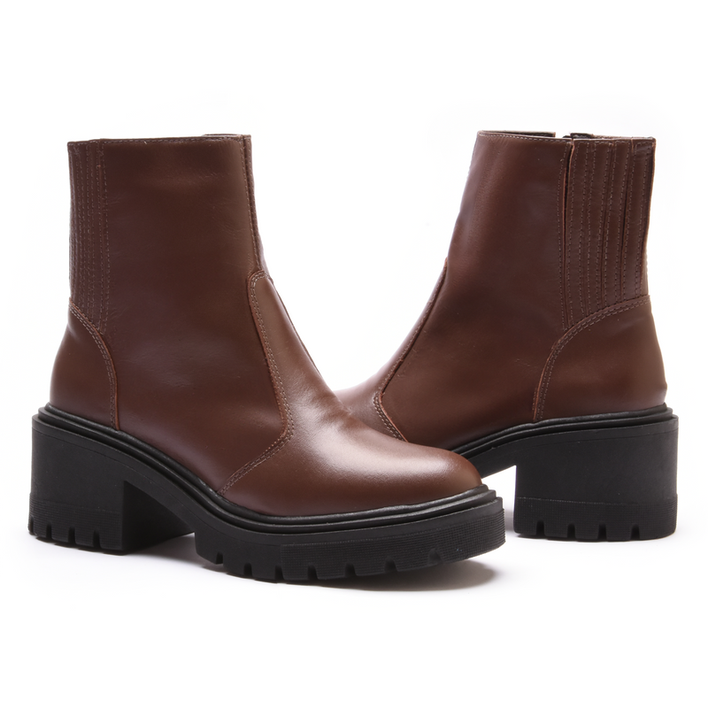 BOTA FEMININA COTURNO EM COURO TRATORADA COM ZIPER 40F124-CAFE-34
